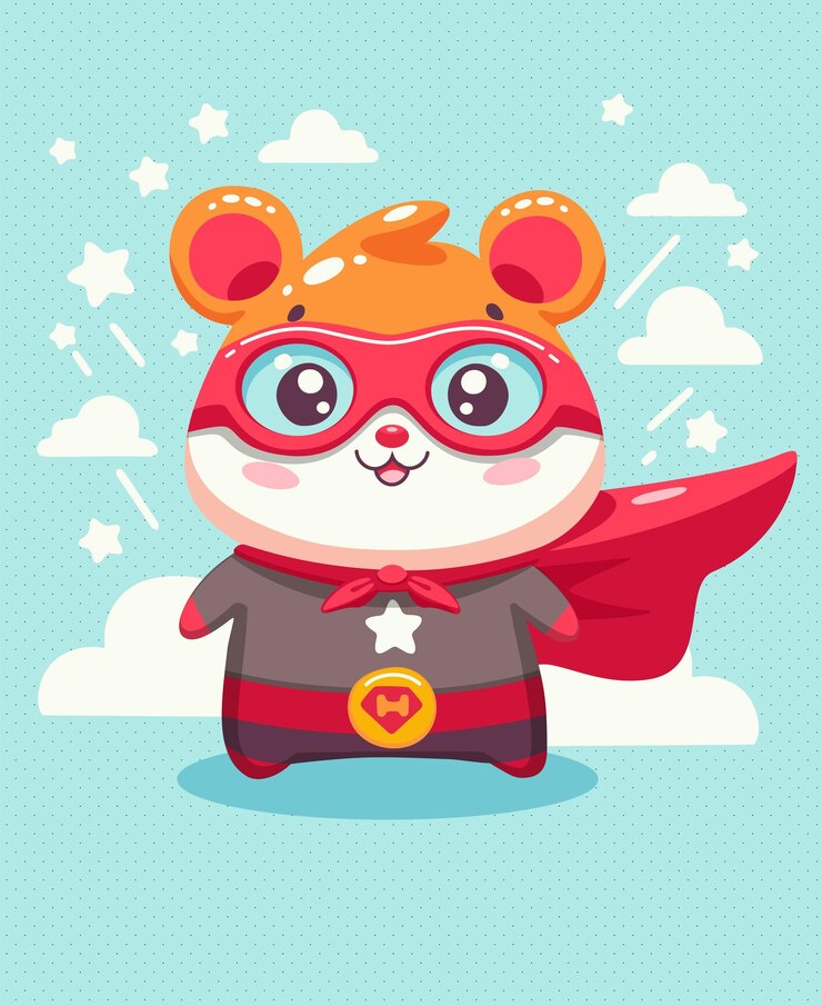Vetor um simpático super-herói hamster com óculos e uma capa vermelha usa um traje de super-heróis em um dorso azul