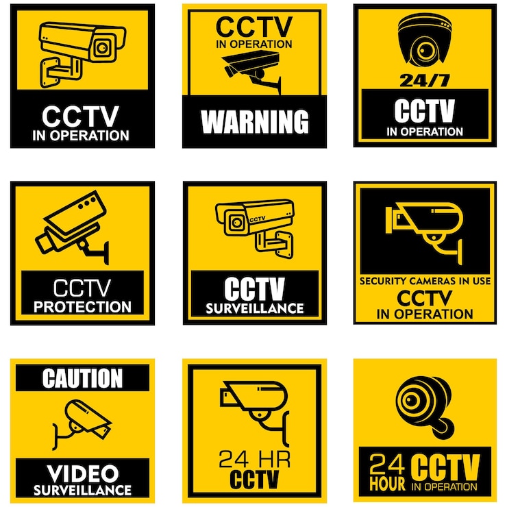 Vetor um sinal amarelo e preto que diz cctv de segurança