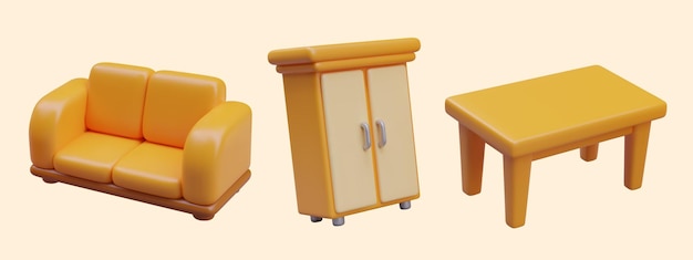 Vetor um sofá amarelo realista, uma mesa de guarda-roupa, um conjunto de móveis para o escritório em casa.