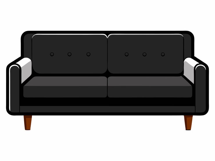 Vetor um sofá preto com uma base de madeira e um fundo branco