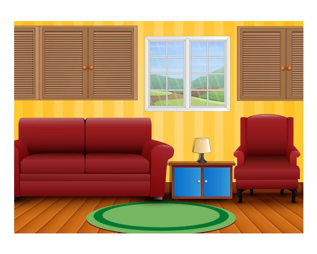 Um sofá vermelho e uma mesa lateral em uma ilustração vetorial de uma sala