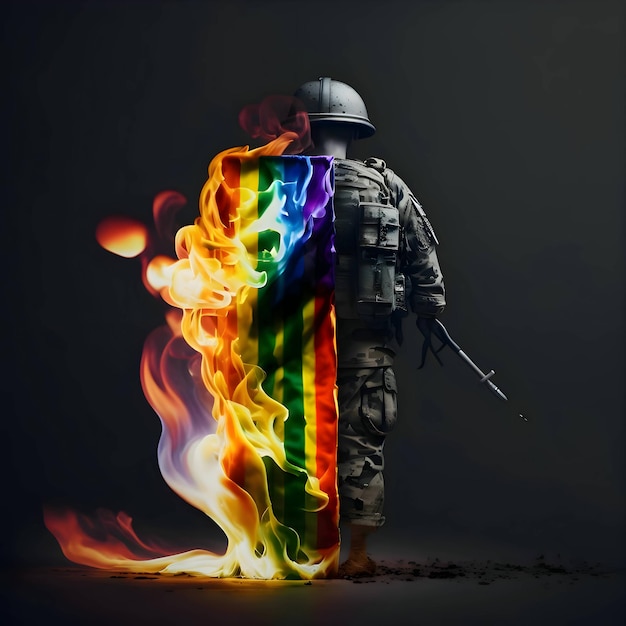 Um soldado com uma bandeira LGBT acesa nas costas