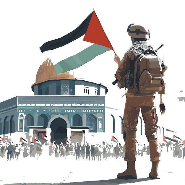 Um soldado palestino está de pé com armas ou bandeira da liberdade na frente de al-aqsa em fundo branco