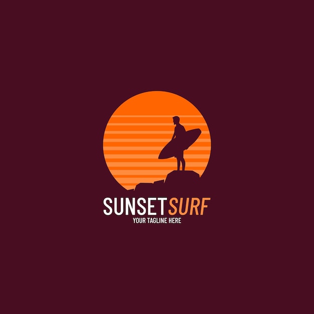 Um surfista em um logotipo de surf do pôr do sol