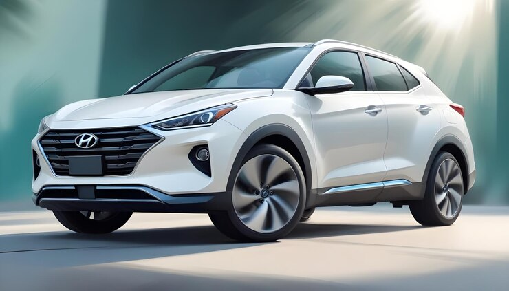 Vetor um suv branco é exibido contra um fundo azul-verde com um efeito desfocado o sol brilha brilhantemente por trás do veículo iluminando seu design elegante