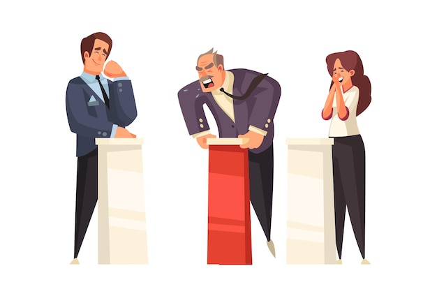 Um talk show político com personagens de doodle de três políticos debatendo na ilustração das tribunas