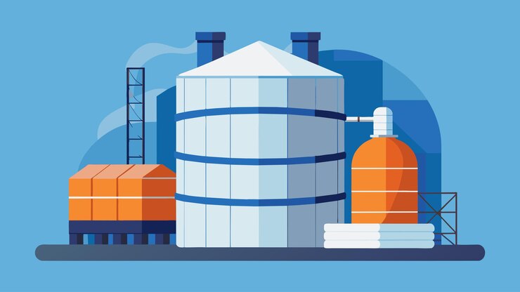 Vetor um tanque de armazenamento em uma fábrica química envolto em camadas de material isolante para manter a temperatura
