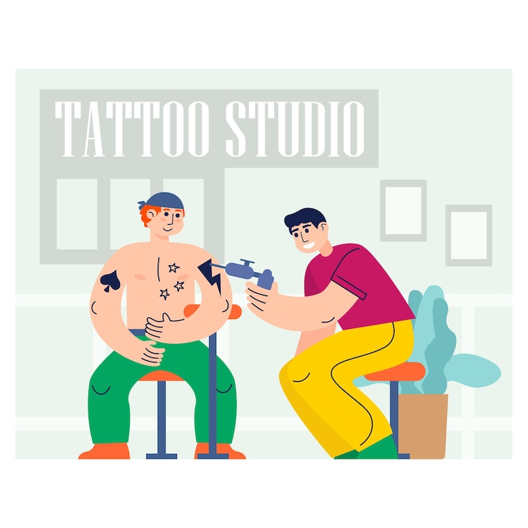 Vetor um tatuador alegre faz um desenho a tinta de um homem em uma ilustração de estúdio