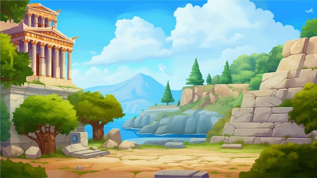 Vetor um templo no fundo do jogo da floresta uma paisagem de desenho animado e um rio