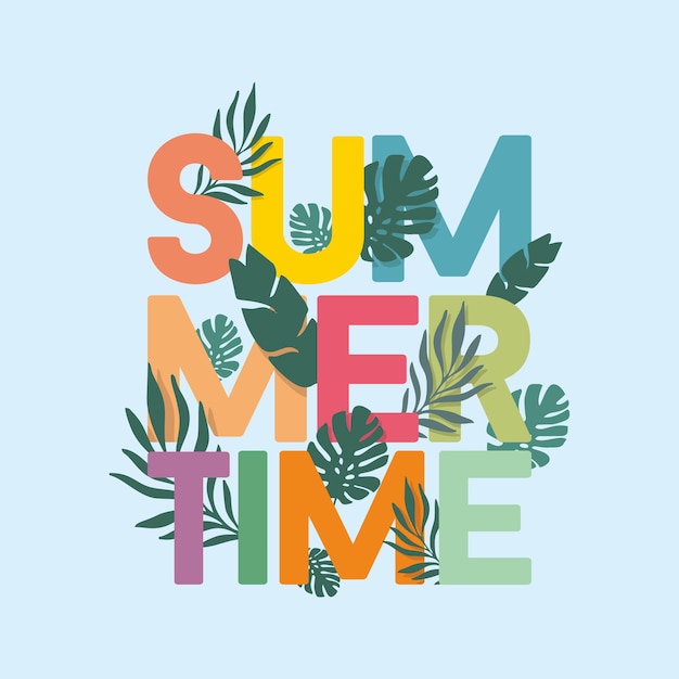 Um texto colorido de verão com folhas tropicais em um fundo azul