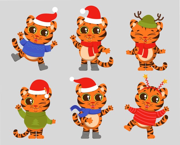 Vetor um tigre alegre se alegra com o personagem fofo de ano novo em roupas de natal