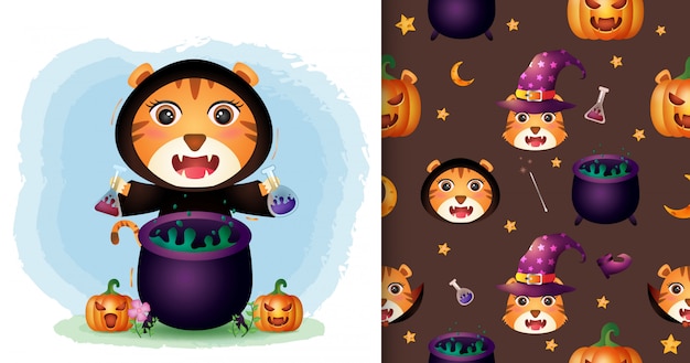 Um tigre bonito com coleção de personagens de halloween de fantasia de bruxa. padrão sem emenda e desenhos de ilustração