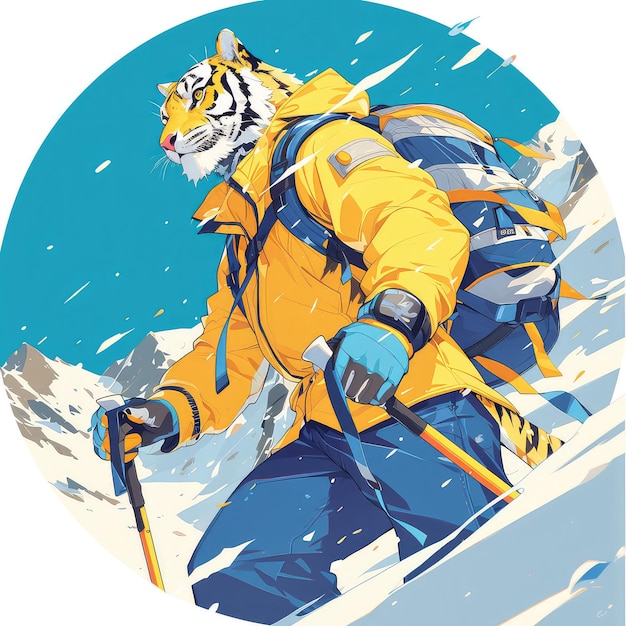 Vetor um tigre está esquiando ao estilo dos desenhos animados.