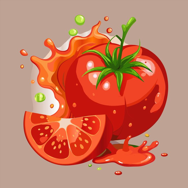 Vetor um tomate com um pouco de sumo de laranja e um vermelho que diz citado citado