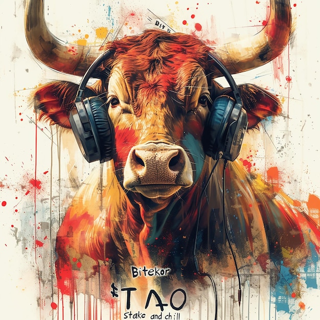 Um touro ouvindo música com fones de ouvido em um fundo claro de gotas e salpicos de pa colorido