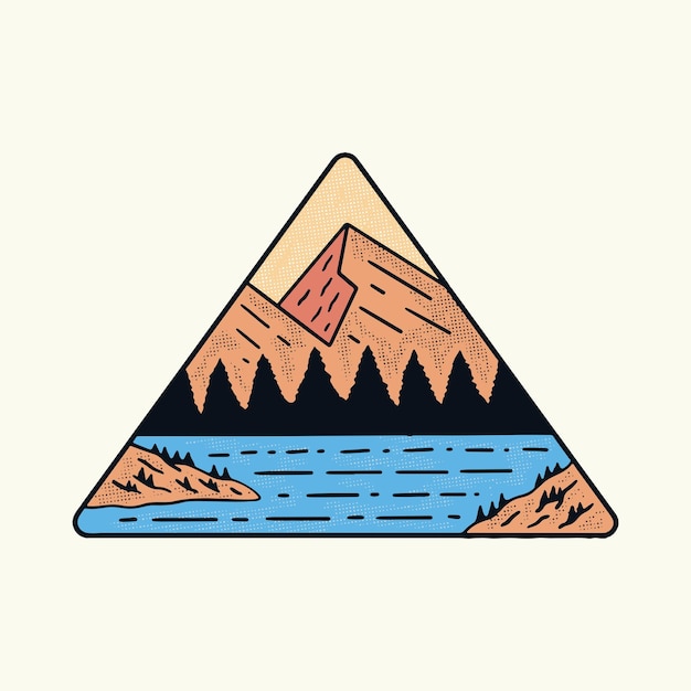 Um triângulo com vetor vintage de montanhas e um lago no meio