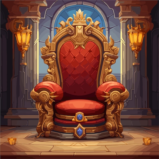 Vetor um trono com assento vermelho no meio de um fundo de jogo de sala