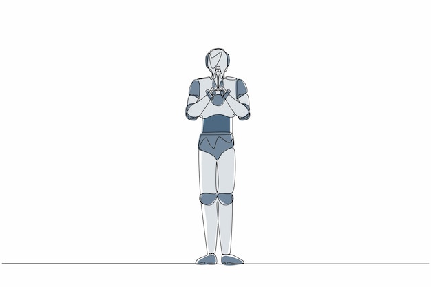 Vetor um único desenho de linha contínua robô segurando palmas em oração robô emoção linguagem corporal gesto