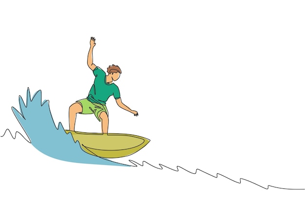 Um único desenho de linha de um jovem surfista esportivo andando em ondas grandes no paraíso do surf vetor