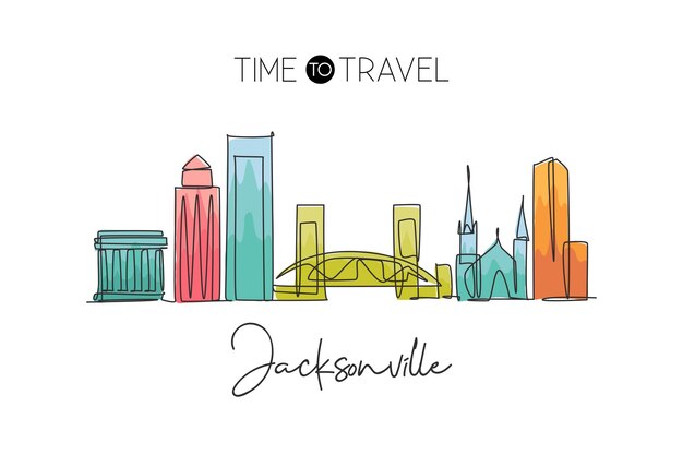 Vetor um único desenho de linha do horizonte de jacksonville, eua, paisagem histórica no vetor de design mundial