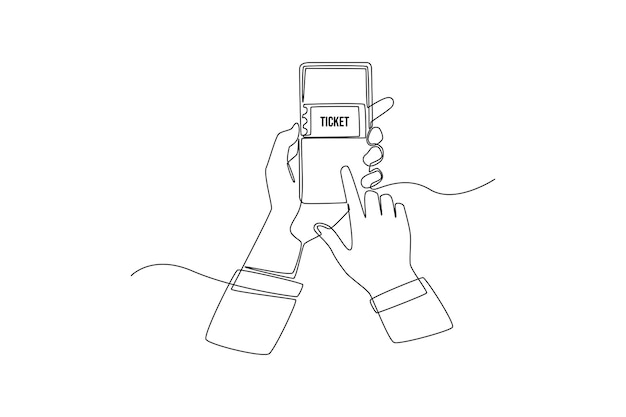 Um único desenho de uma linha de bilhetes de livro de menino on-line via smartphone para entretenimento eventos conceito de bilhete on-line ilustração em vetor gráfico de desenho de linha contínua