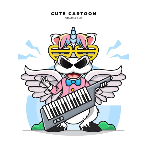 Um unicórnio bonito de desenho animado tocando violão, teclado e piano