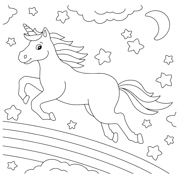 Um unicórnio fofo corre ao longo da página do livro de colorir do arco-íris para crianças personagem de desenho animado