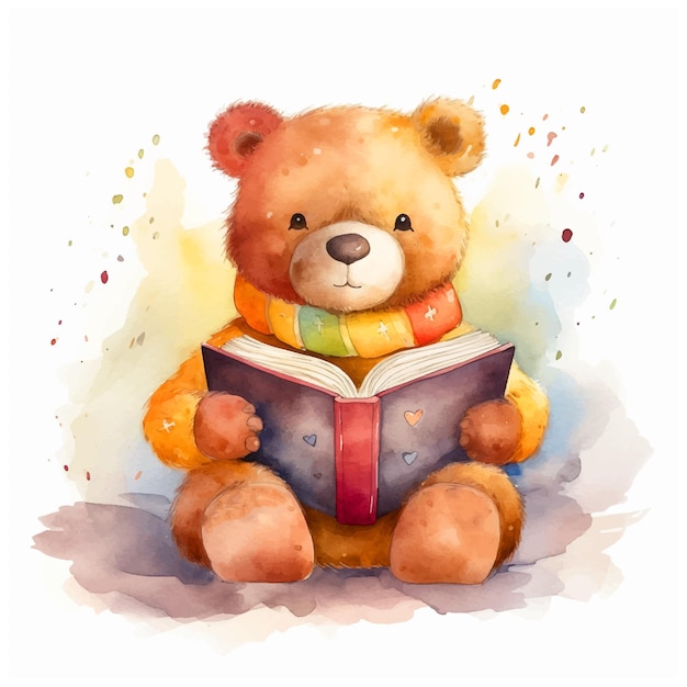 Um ursinho de pelúcia bonito a ler um livro de aquarela.
