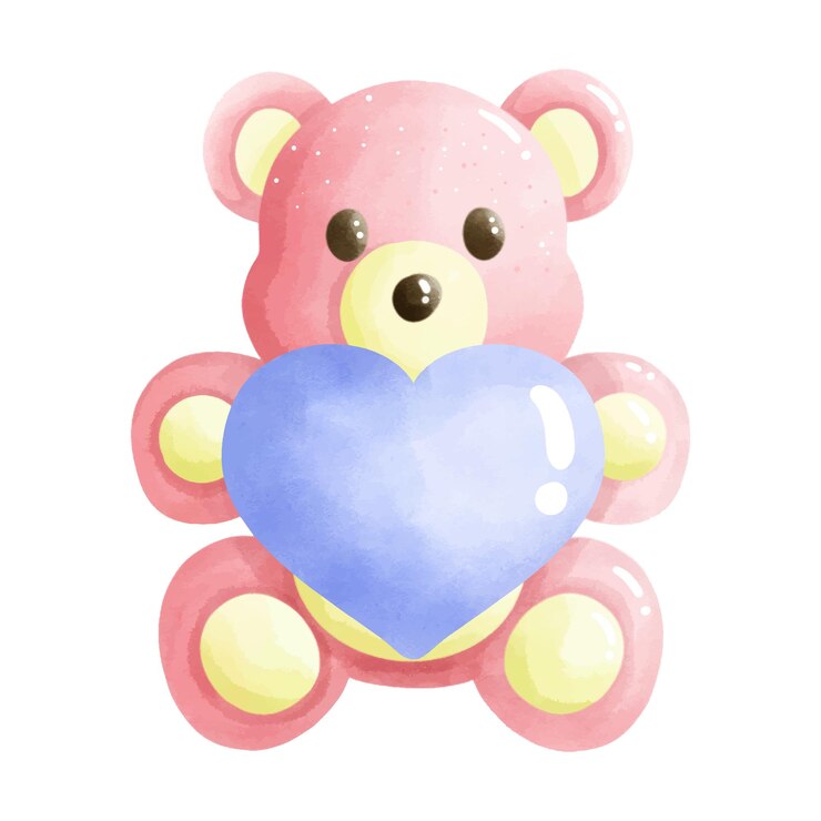 Vetor um ursinho de pelúcia rosa com um coração azul que diz a palavra amor