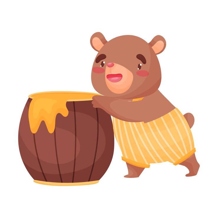 Vetor um ursinho fofo em um macacão listrado está ao lado de um barril de madeira cheio de ilustração vetorial de mel em fundo branco
