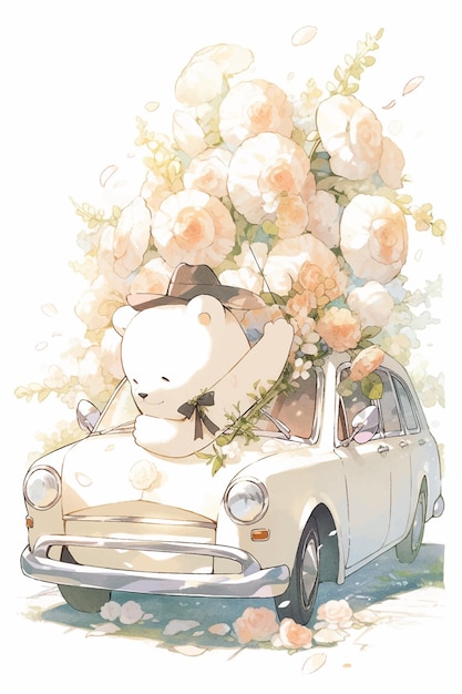 Um urso branco está sentado em um carro com um buquê de rosas.