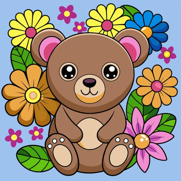 Vetor um urso com flores e uma foto de um urso com uma flor no meio