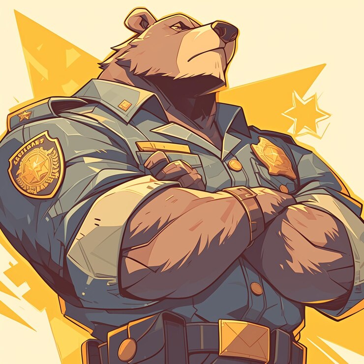 Vetor um urso majestoso, estilo de desenho animado da polícia.