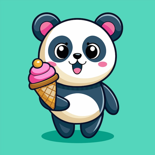 um urso panda de desenho animado segurando um cone de sorvete com um cone de gelado rosa