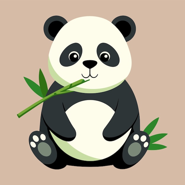 Vetor um urso panda segura um bastão de bambu em sua boca enquanto mastiga ele um panda mastiga um delicioso bambu ilustração vetorial plana simples e minimalista