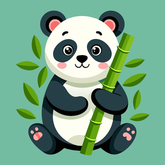 Vetor um urso panda segurando um bastão de bambu com um fundo verde