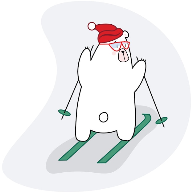 Um urso polar com um chapéu vermelho corre esquiando em um estilo de desenho animado