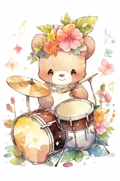 Um urso tocando bateria.