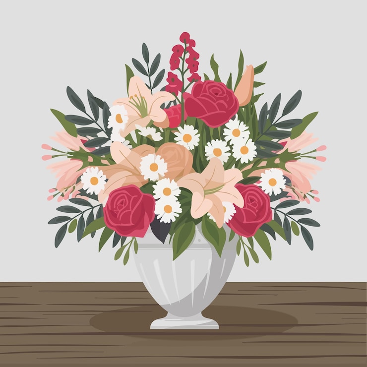 Vetor um vaso de flores com uma imagem de um buquê de rosas