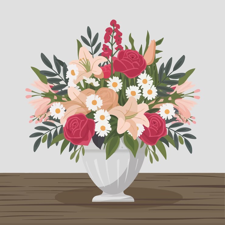 Vetor um vaso de flores com uma imagem de um buquê de rosas