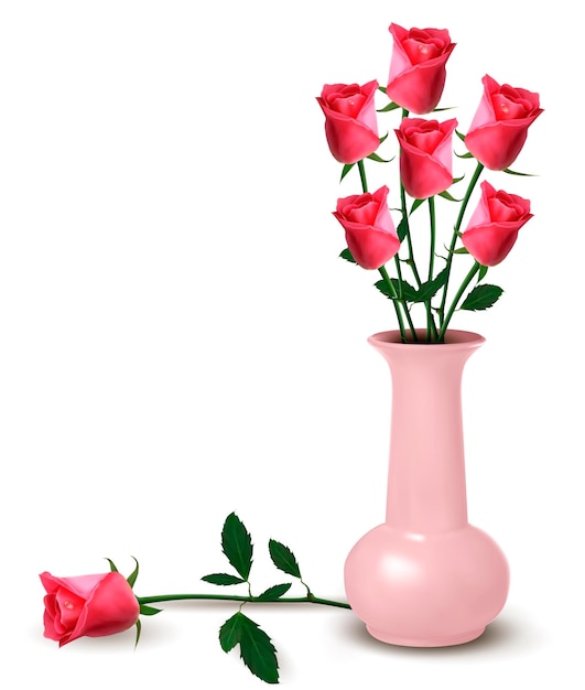 Um vaso rosa com rosas e algumas folhas no chão.