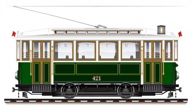 Vetor um velho bonde biaxial de cor verde. transporte urbano ecológico. vista lateral.