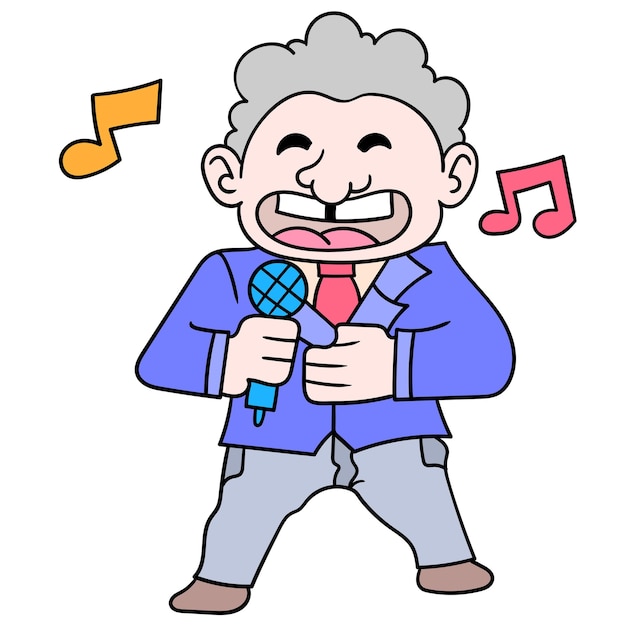 Um velho com uma cara feliz cantando sua música favorita. ilustração arte, doodle ícone imagem kawaii.