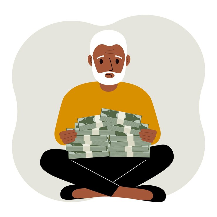 Vetor um velho segura pacotes de dinheiro ou notas em suas mãos ilustração bem sucedida do conceito de negócios e finanças em estilo simples