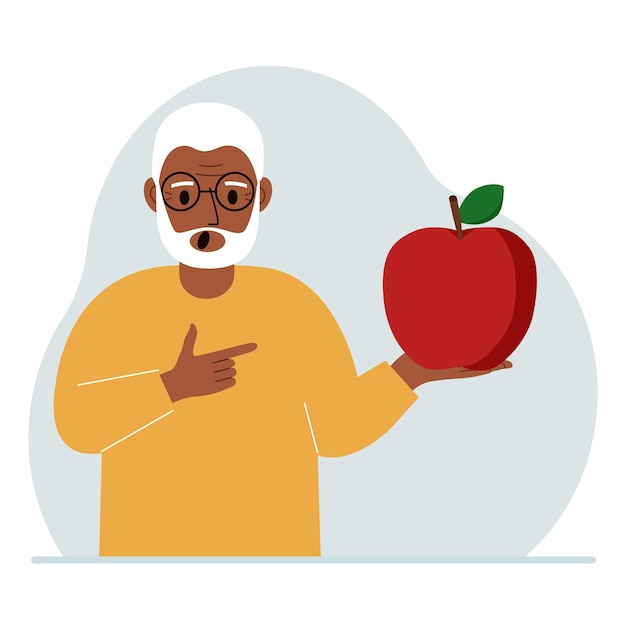 Vetor um velho tem uma maçã fresca e vermelha na mão homem come uma maçã conceito de comida saudável