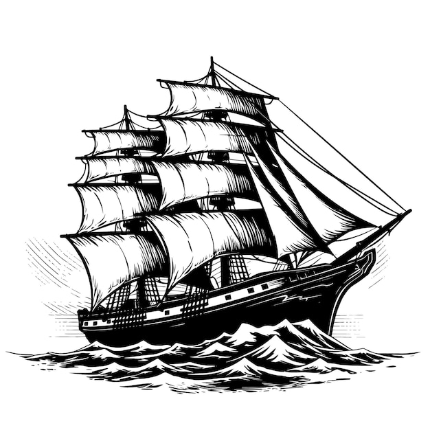 Um velho veleiro nas ondas do mar desenho vetorial isolado em fundo branco