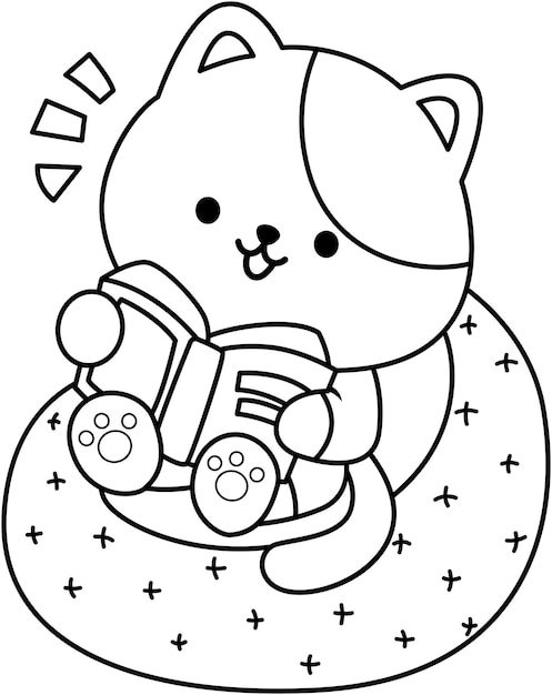 um vetor de Cute Cat lendo um livro em cor preta e branca