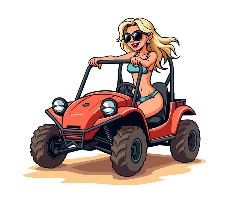 Vetor um vetor de desenho animado de uma mulher loira elegante e alegre com óculos de sol dirigindo um buggy de praia vermelho