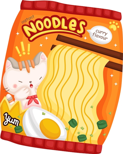 Um vetor de embalagem de ramen instantâneo com um design de gato