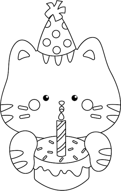 Vetor um vetor de um gato bonito em tema de aniversário em cor preta e branca